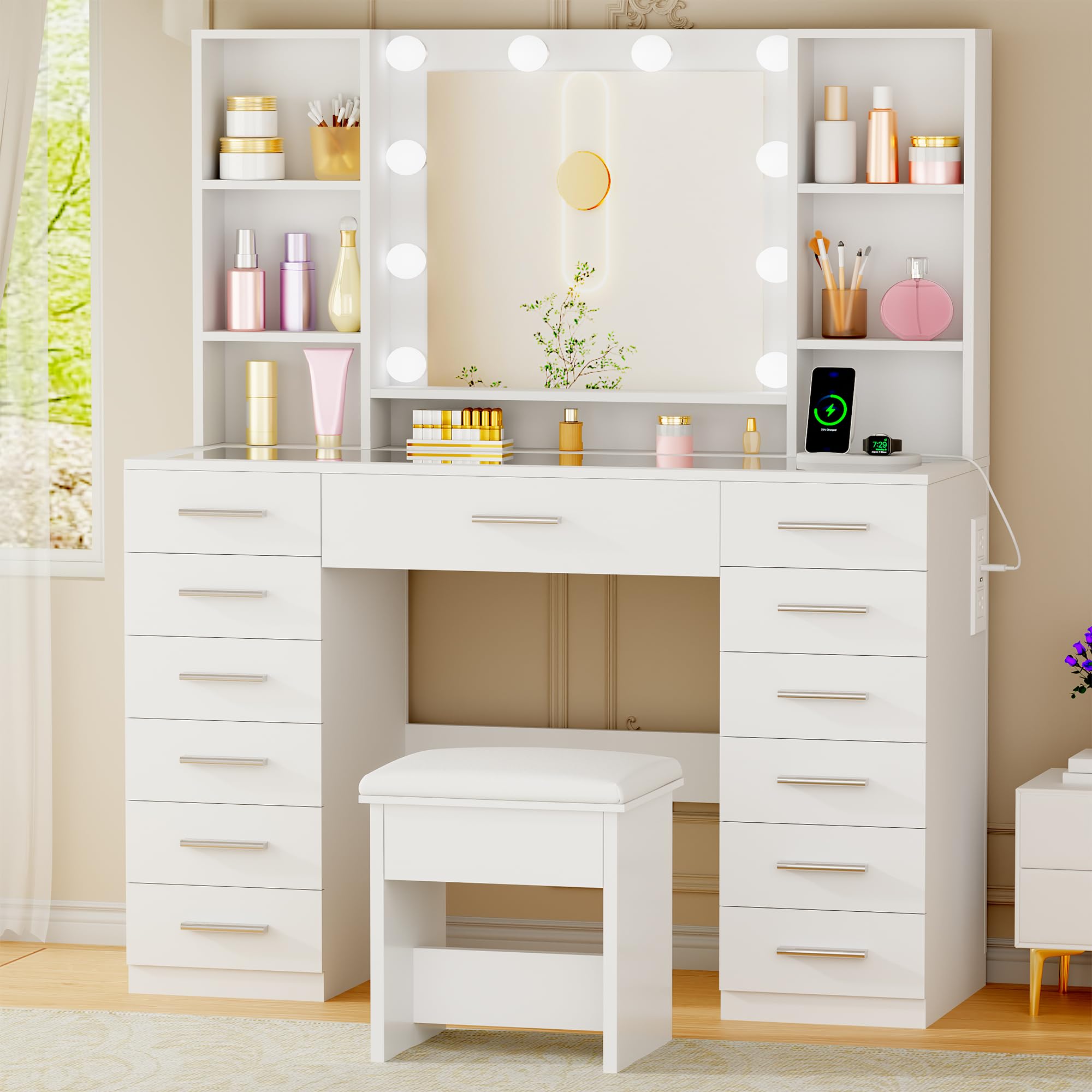 ANWBROAD Large Vanity Desk with Mirror and Lights, White Makeup Vanity Desk with Glass Top,13 Drawers,7 Open Shelves, 3 Colors Dressing Table with Stool Power Outlet for Bedroom Women UBDT18X