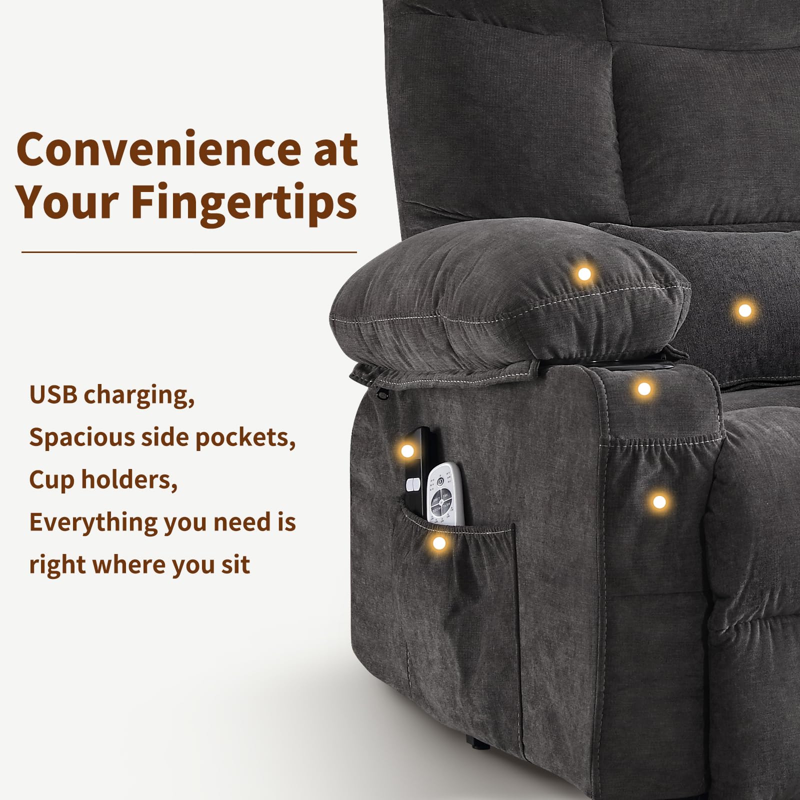 PoteSoar Power Lift Recliner Chair for Elderly with Massage and Heat, Comfortable Electric Power Reclining Chair with Side Pockets,2 Cup Holders and USB Charging Port for Living Room (Grey)