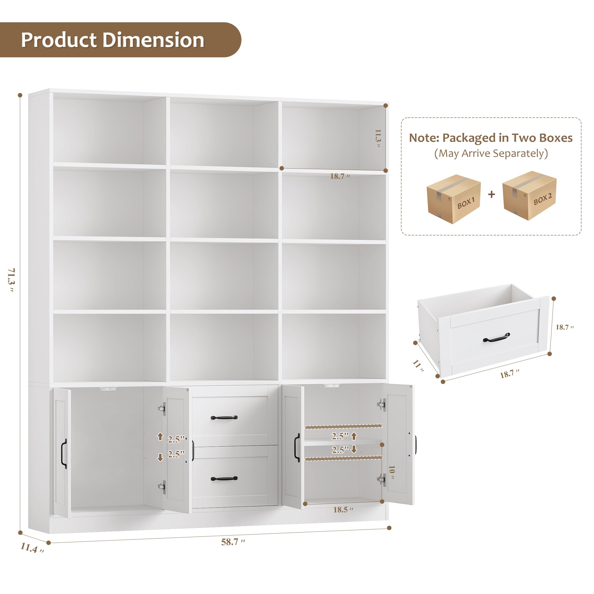 HOSTACK 71" Tall Triple Wide Bookshelf with Doors & Drawers, Modern Wood Bookcase for Storage, 6-Tier Large Bookcase with Display Shelves, Space-Saving Bookshelf for Living Room, Home Office, White