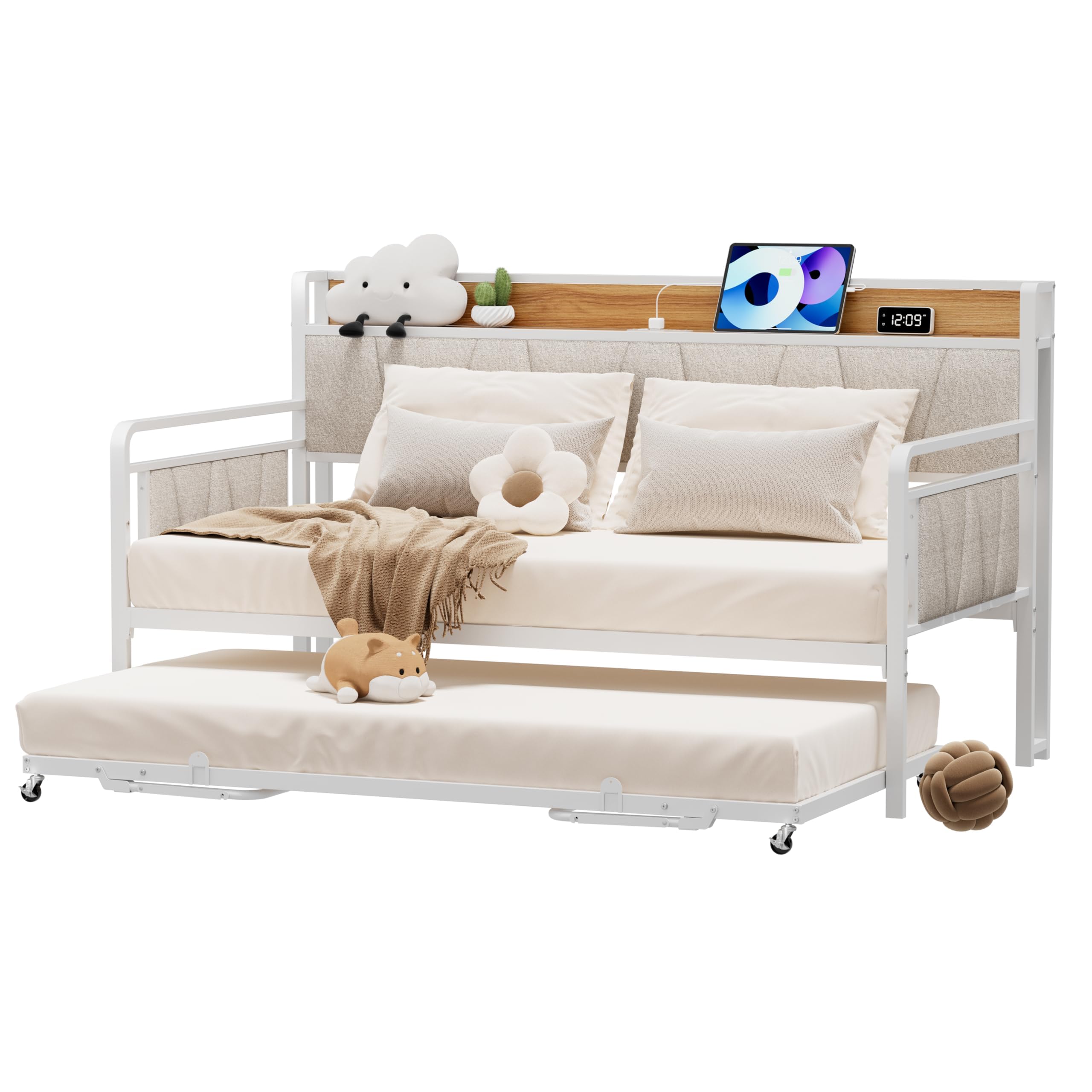 knocetx Twin Daybed with Trundle, Modern Twin Size Sofa Day Bed, Sturdy Metal Bed Frame with Upholstered Headboard for Living Room, Bedroom, Studio Apartment (White)
