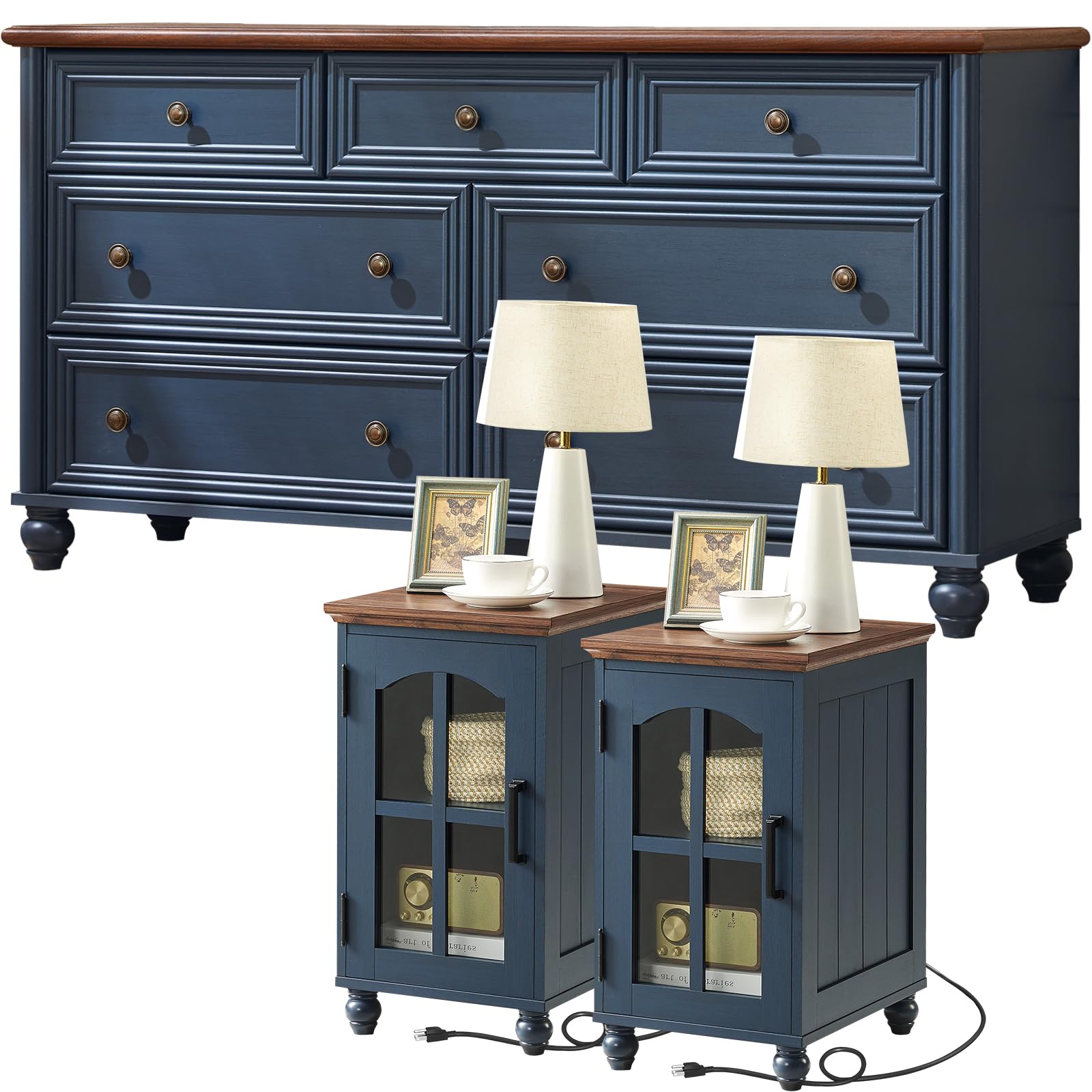 RWYHG Farmhouse Dressers and Nightstand Set of 3, Wood 54" Wide 7 Drawer Dresser 14'' Narrow Side Table with Charging Station, Roman Column Bedroom Furniture Dressers Sets for Home Living Room Hallway