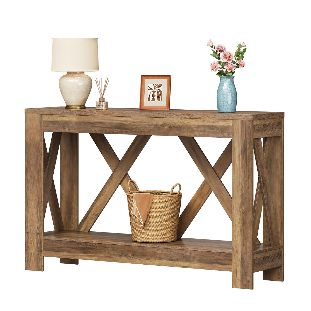 Tohomeor 47.2" Farmhouse Entryway Table, Wooden Rectangular Entry Table, 2-Tier Storage Modern Sofa Table Behind Couch for Entrance, Living Room, Hallway, Foyer, Retro Brown