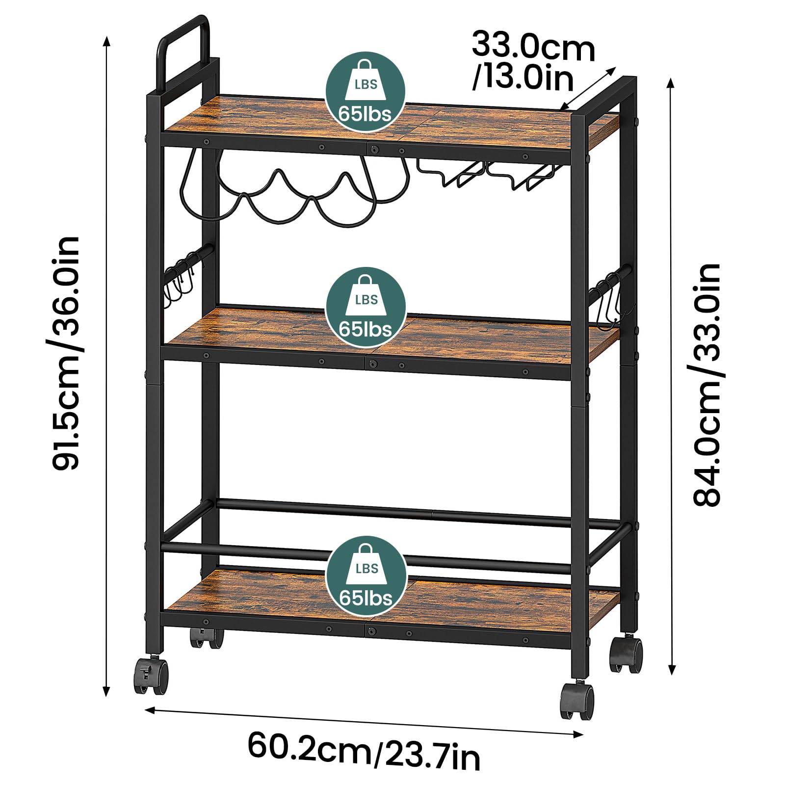 3-Tier Rolling Bar Cart with Wine Rack & Glass Holder