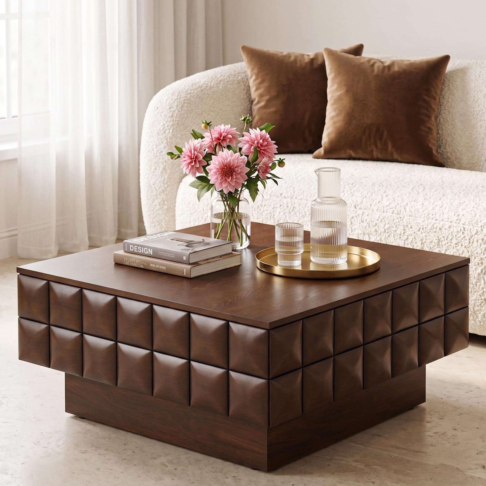 LKTART Coffee Table with Storage, 31.89" Square Coffee Table with Solid Wood Veneered, Unique Wood Center Table for Living Room Home Office (Walnut)