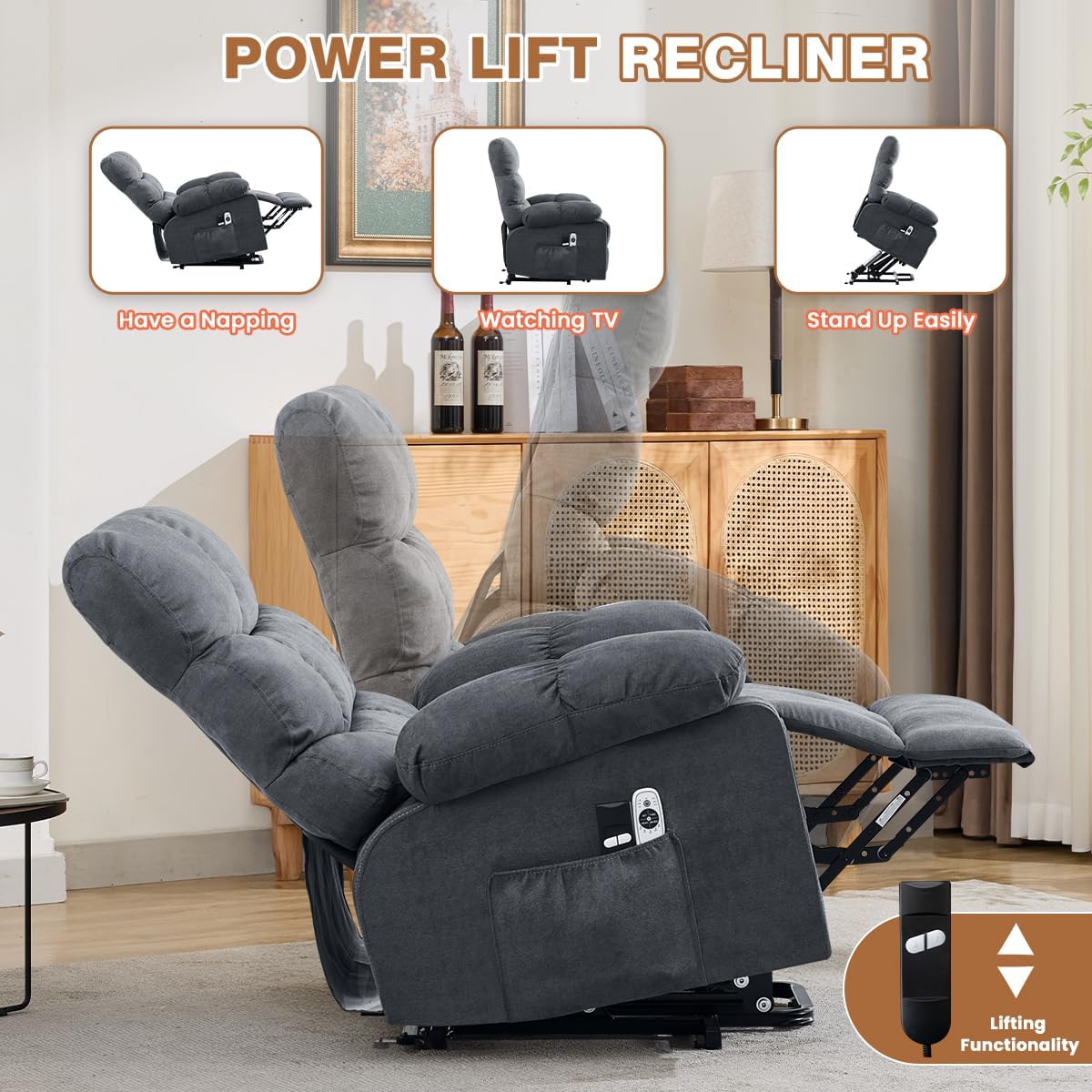BOSMILLER Electric Power Lift Recliner Chair Sofa with Massage and Heat for Elderly,Lift Chair with Cup Holders Side Pockets for Living Room