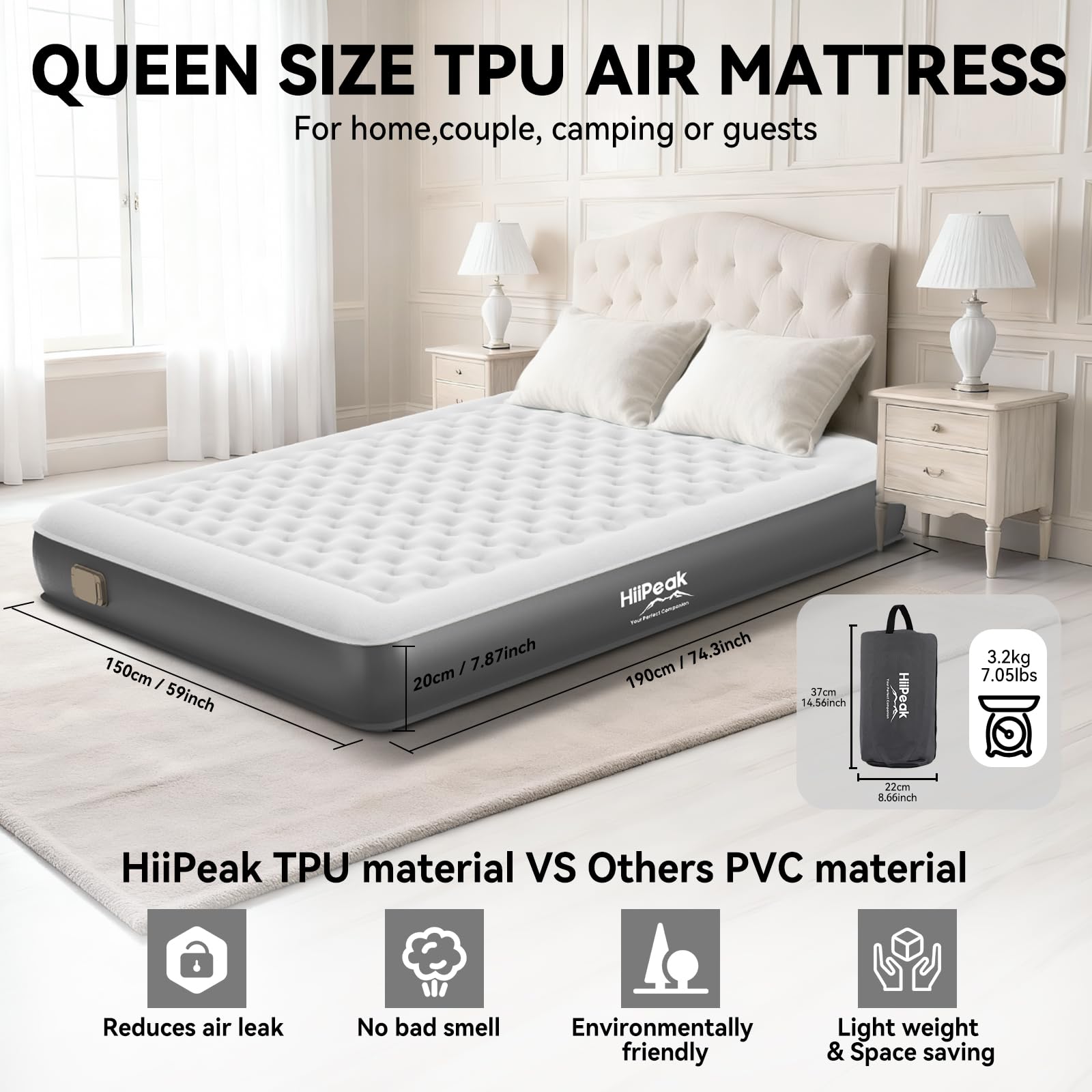 Self-Inflating TPU Air Mattress with Built-In Wireless Pump