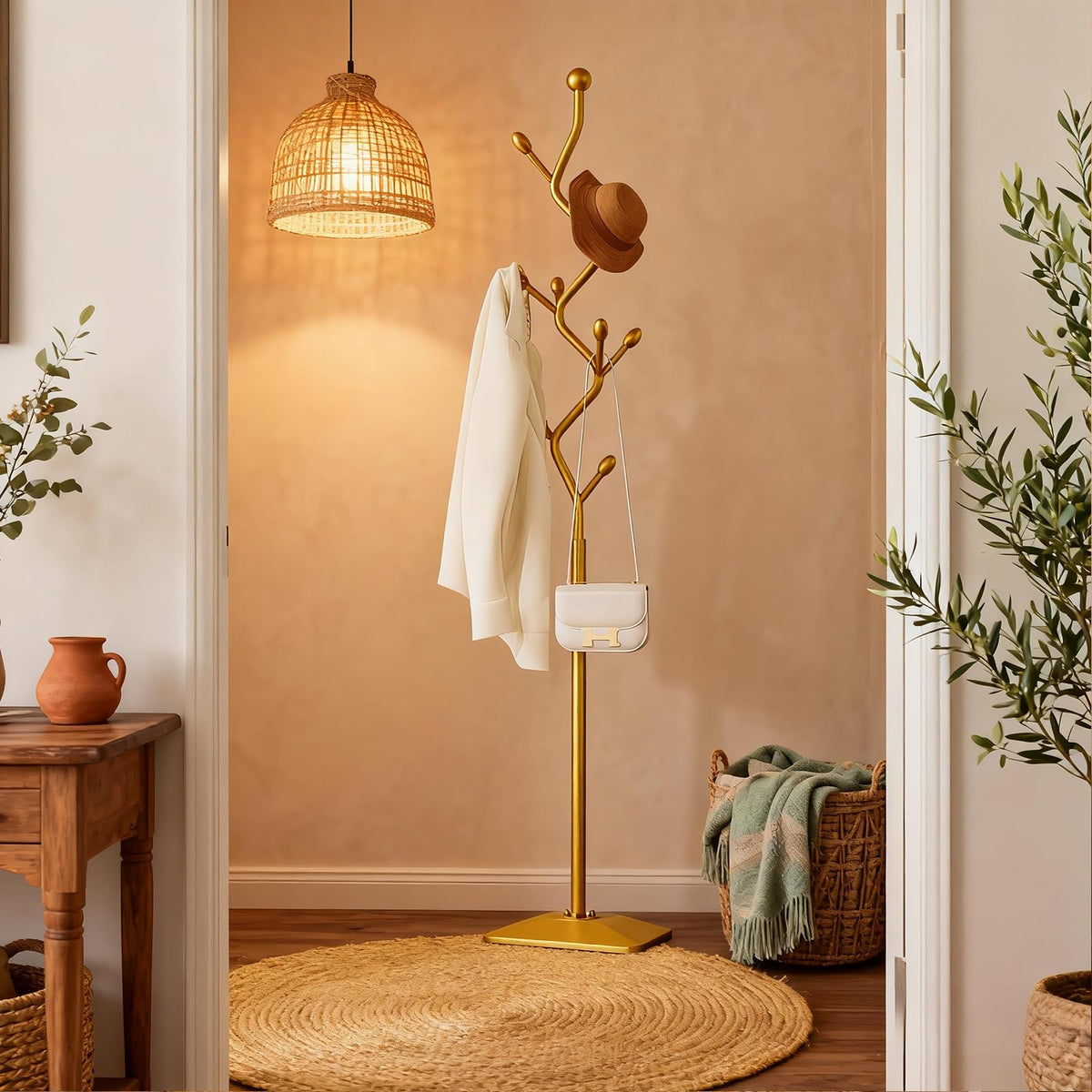 HAZHEYE Gold Coat Rack,Coat Tree Freestanding,Creative Design Tree Branch-look, Standing Coat Rack Coat Hanger Stand with Stury cast iron Base for Entryway, Hallway, Bedroom