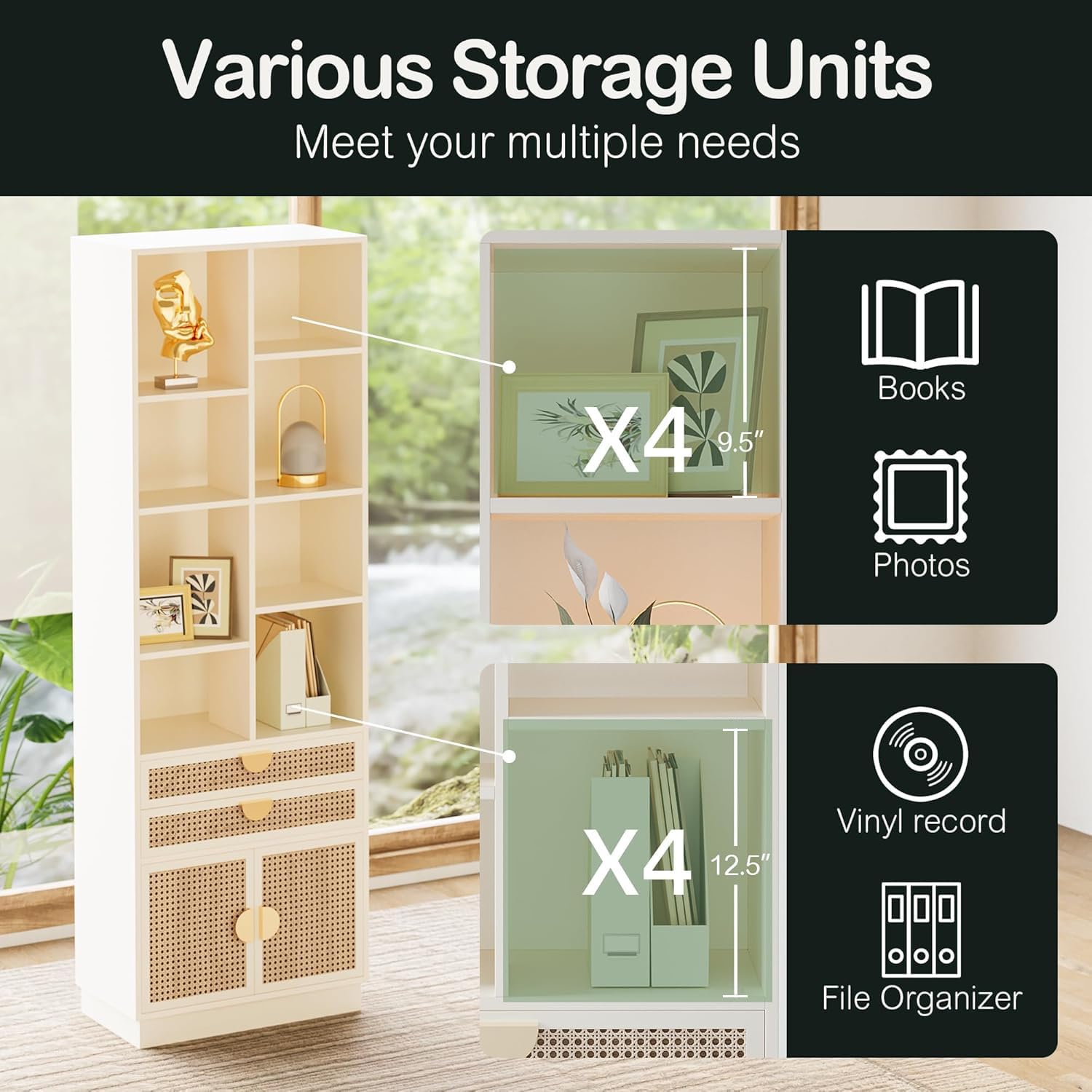 ModernMate Wood Bookcase with 2 Drawers and Doors, 8 Storage Cubes, Tall Bookshelf, Modern Bookcases, Wooden Bookshelves for Home and Office, Living Room, Study, White Rattan