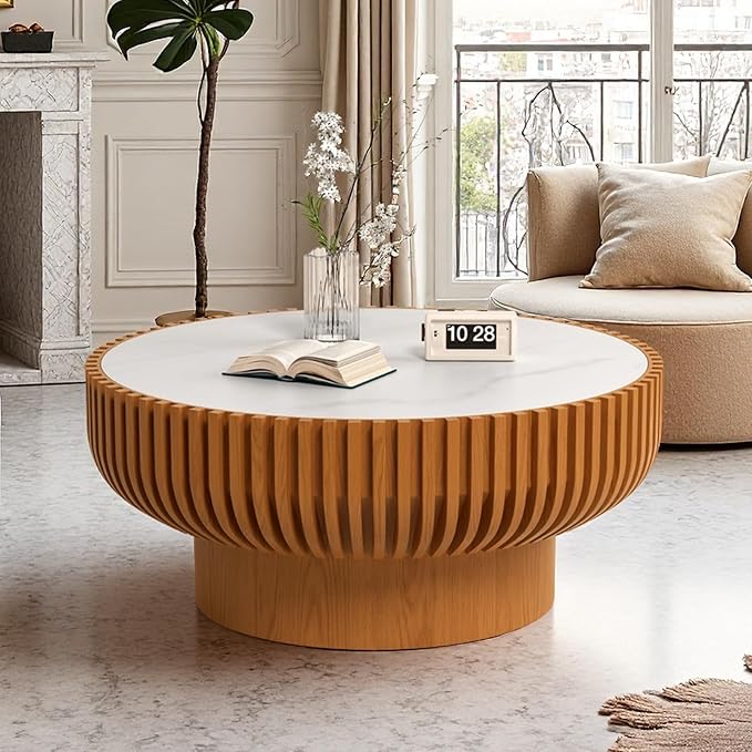 Round Sintered Stone Coffee Table with Fluted Wood Base
