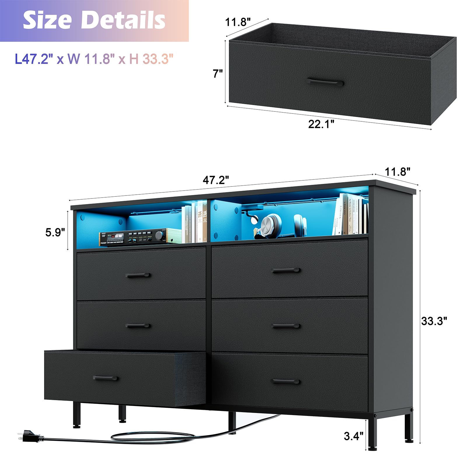Black Dresser for Bedroom, 6 Drawer Dresser, Fabric Vertical Storage Tower with Fabric Bins with Open Shelves LED Light and Charging Station, Chest of Drawers for Closet Chests Organizer, Living Room
