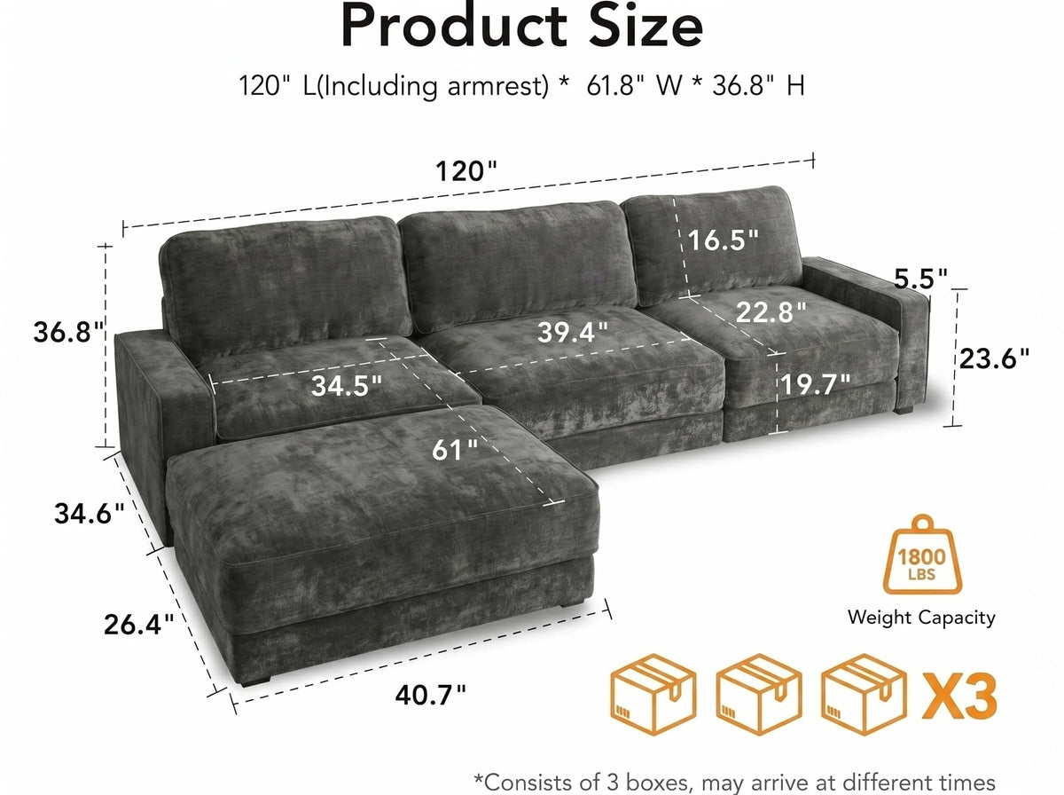 Vipbear 120" Oversized Modular Sectional Sofa, L Shaped Couch Set with 2 Pillows, 4 Seat Comfy Cloud Couches with Movable Ottoman for Living Room, Bedroom and Apartment, Chenille Dark Grey