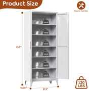 GangMei 75.3 in Metal Kitchen Pantry Cabinet, White, 5 Adjustable Shelves