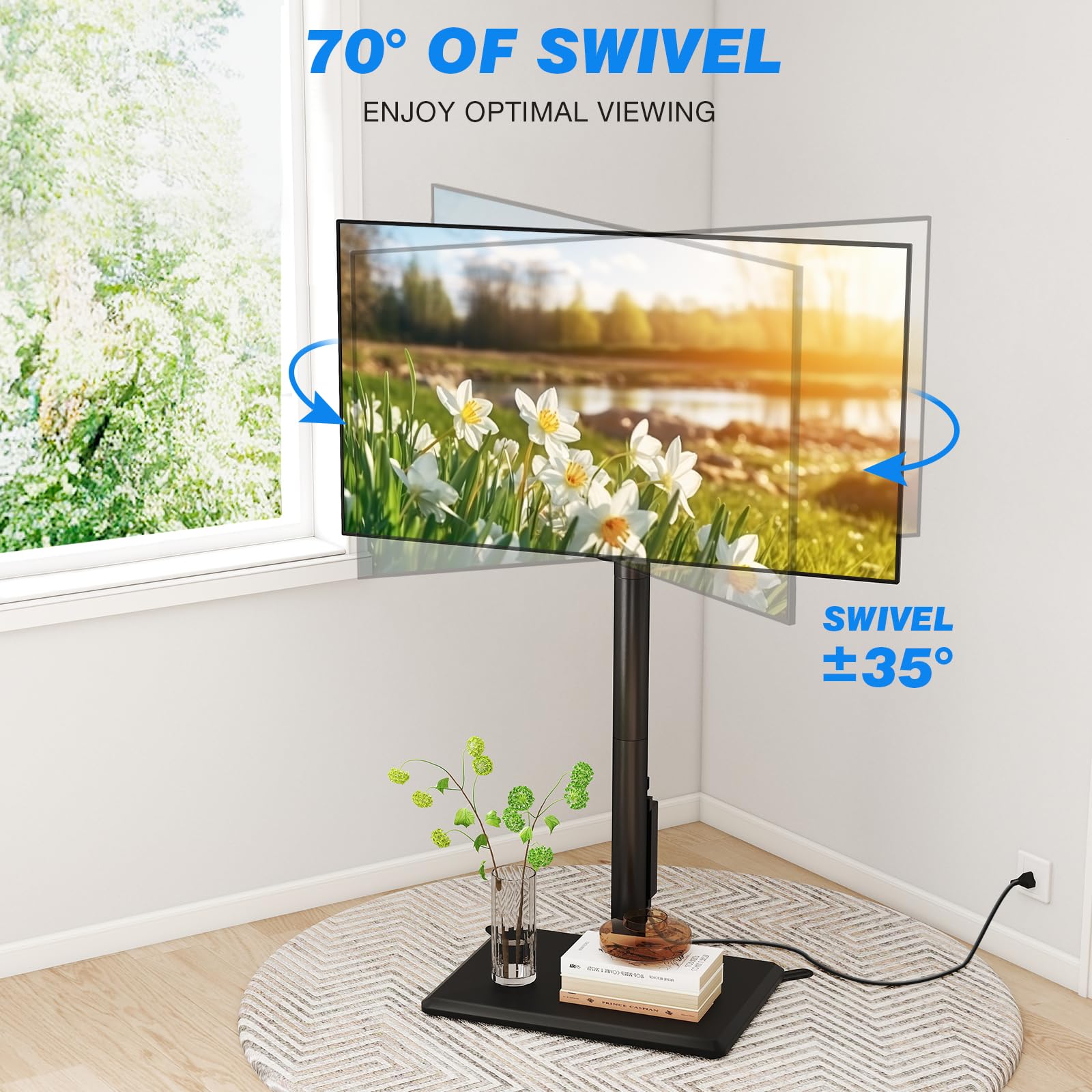 Swivel Floor TV Stand with Power Outlet, Height Adjustable, 32–60 Inch TVs