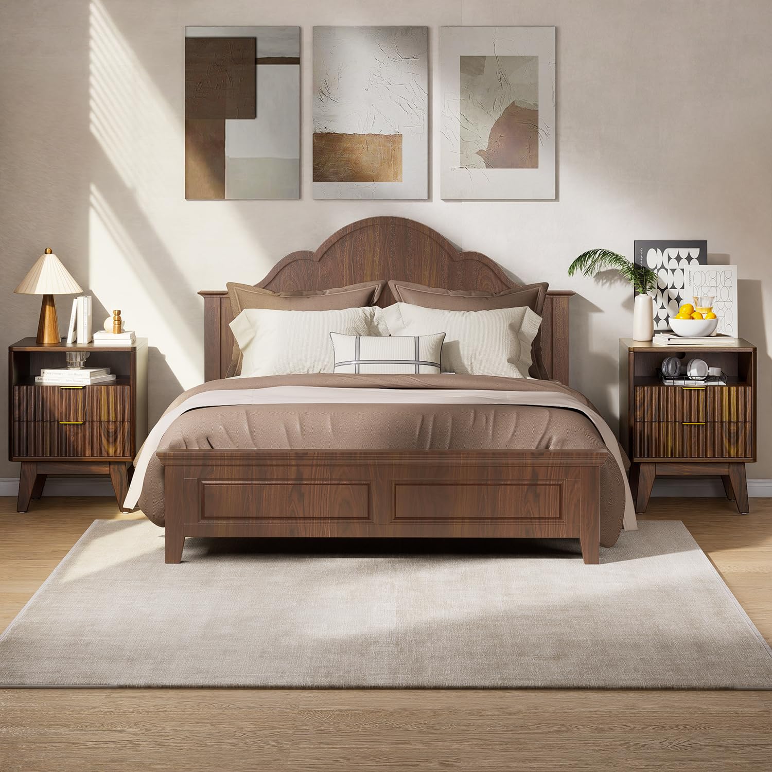 Fluted Nightstand with Charging Station, Modern Bedside Table with 2 Drawers, End Table with Open Storage for Bedroom, Living Room, Walnut
