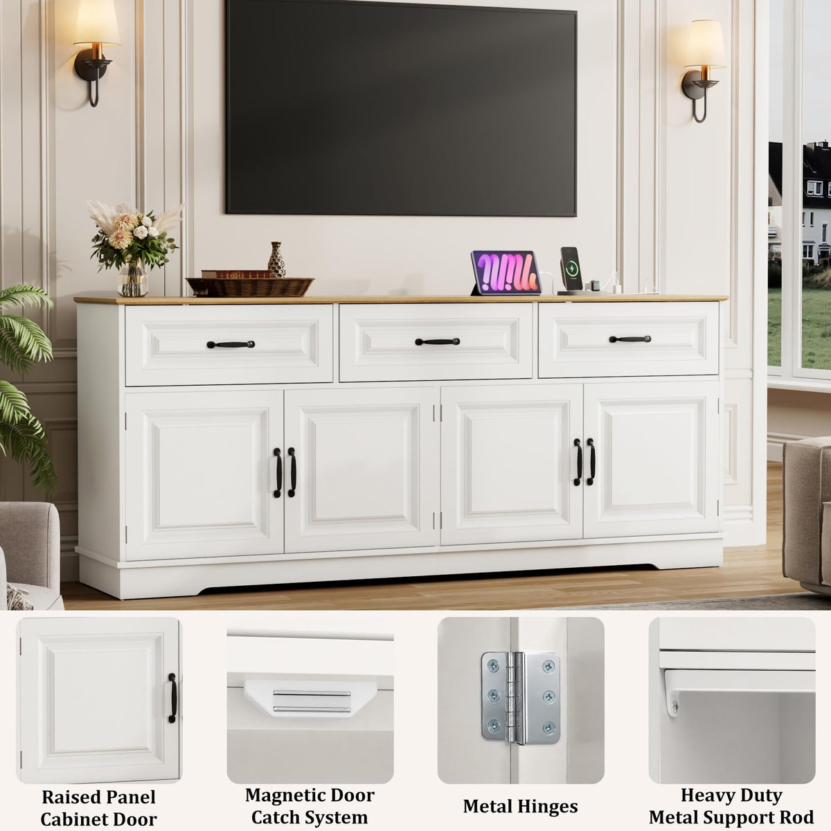 White Farmhouse Sideboard with Power Outlets