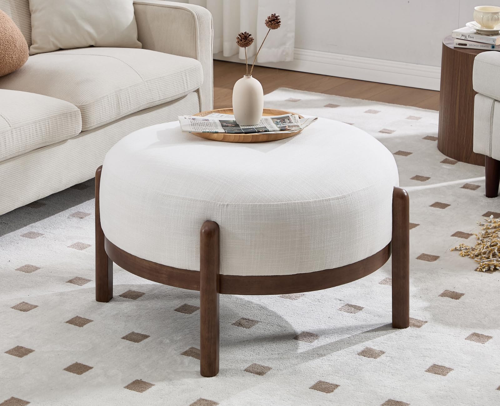 Round Upholstered Ottoman with Wood Legs