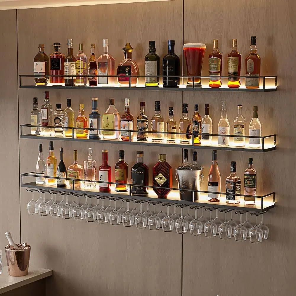 ZAOBAS 47.2" Wall Mounted Wine Rack with Lights, 3-Tier Floating Bar Shelf