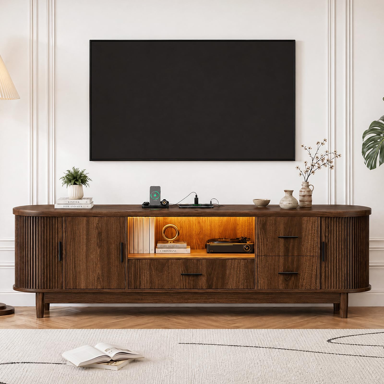 63" Mid-Century Modern TV Stand with LED Lights & Power Outlet