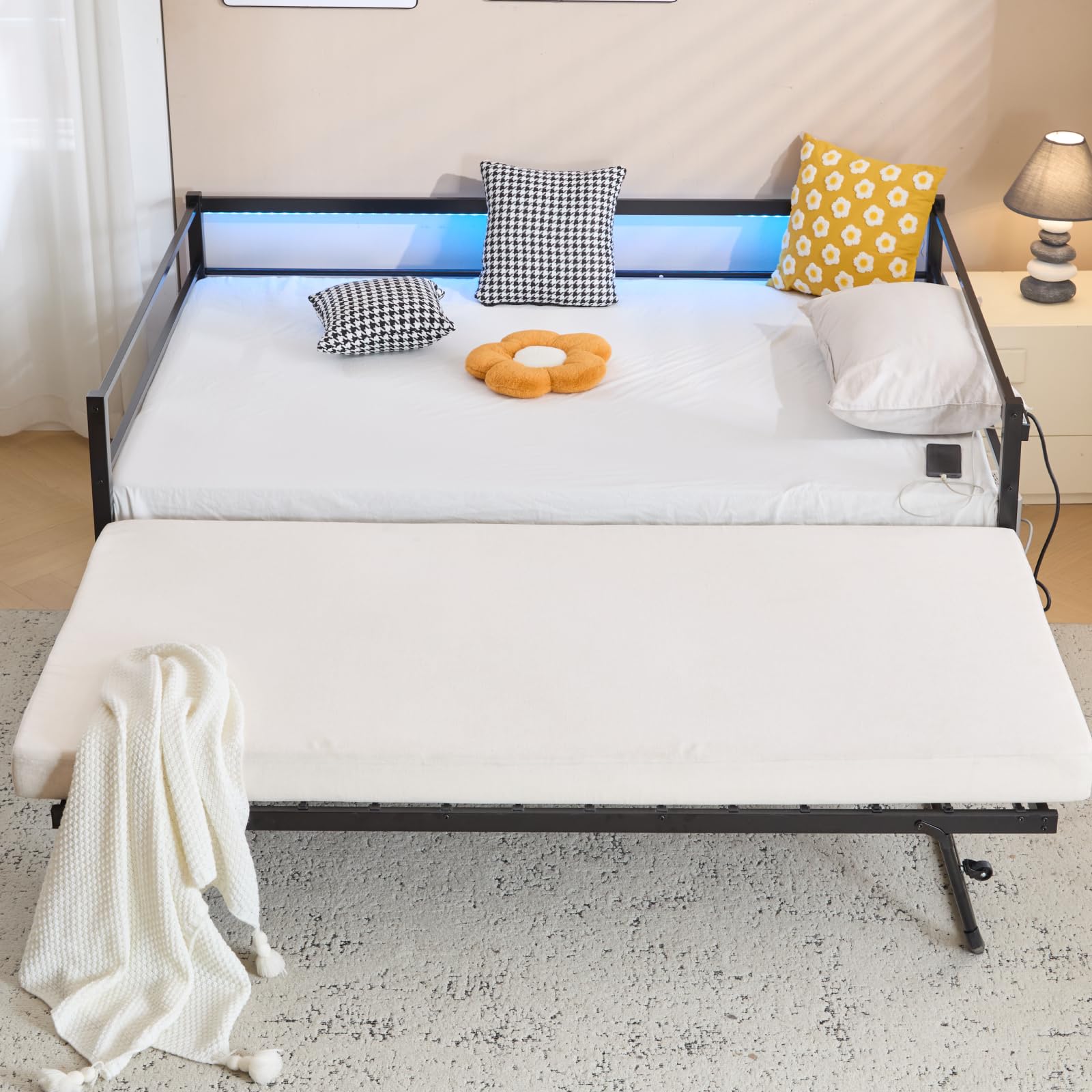 VINGLI Daybed with Trundle Bed Twin, Charging Station and LED Lights,Heavy Duty Metal Twin Daybed with Pop up Trundle for Living Room,Bedroom,Guest Room, No Box Spring Needed,Black