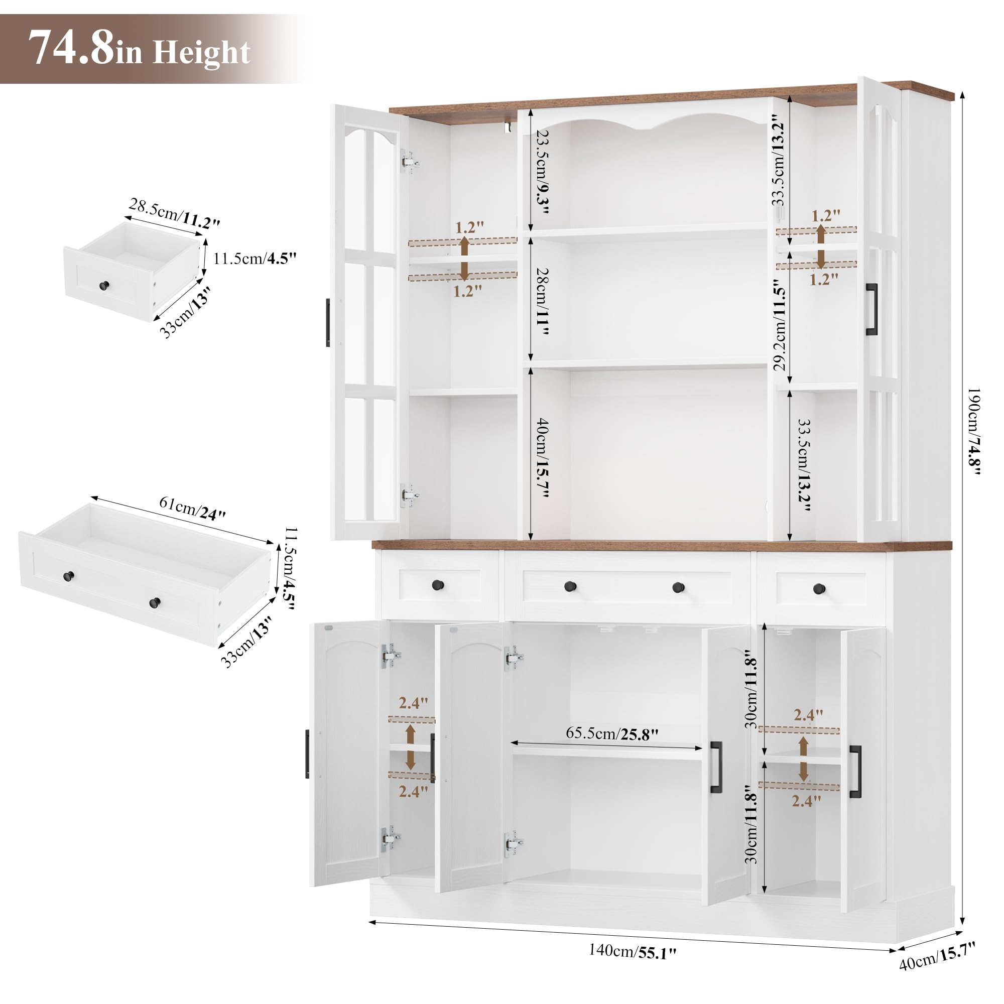 Tall Pantry Cabinet with Glass Doors & Microwave Stand