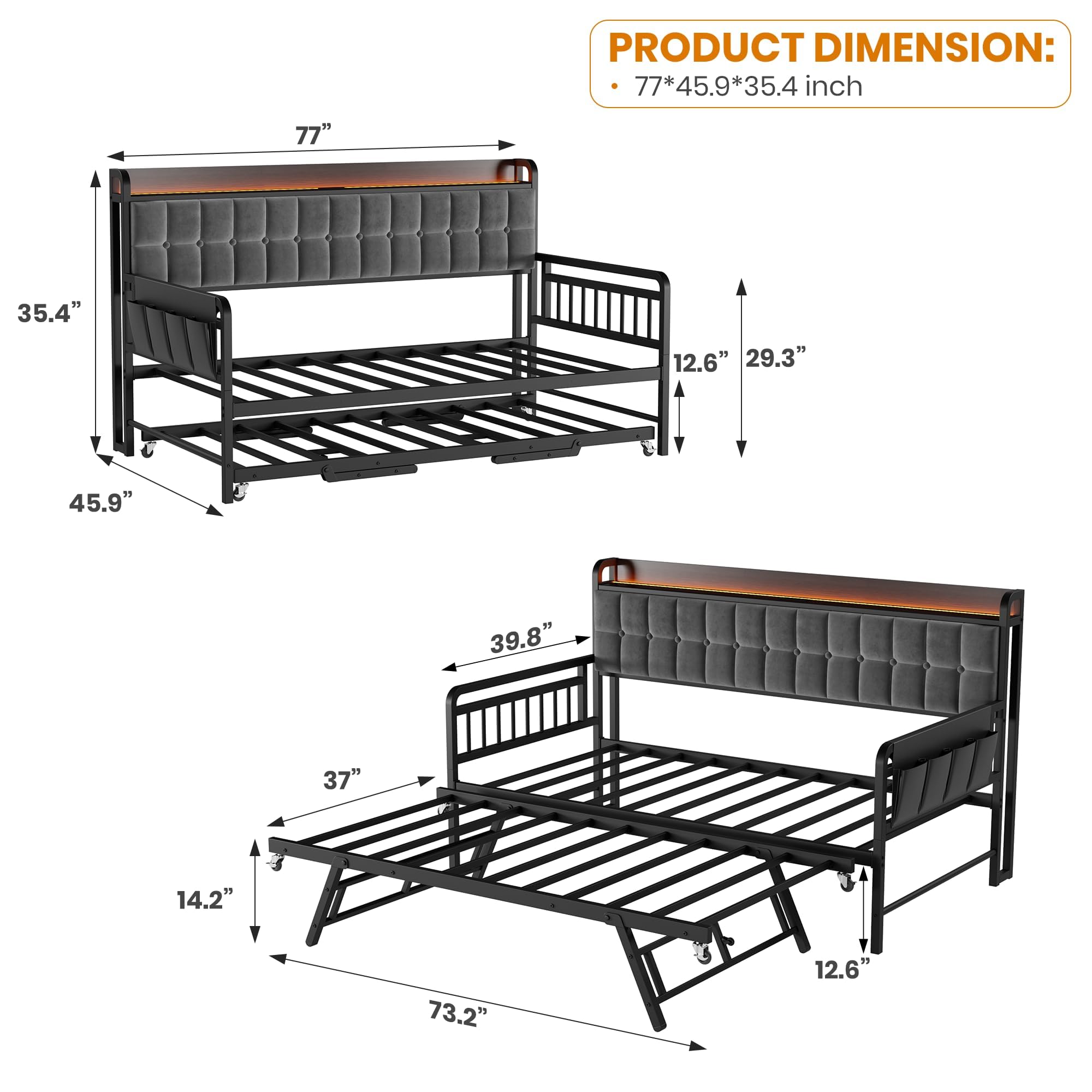 Garvee Twin Bed Frame Daybed with Trundle - with LED Light & Charging Station, Upholstered Sofa Bed with Storage Headboard and Heavy Duty Metal Slats, for Living Room, Bedroom, Guest Room, Black