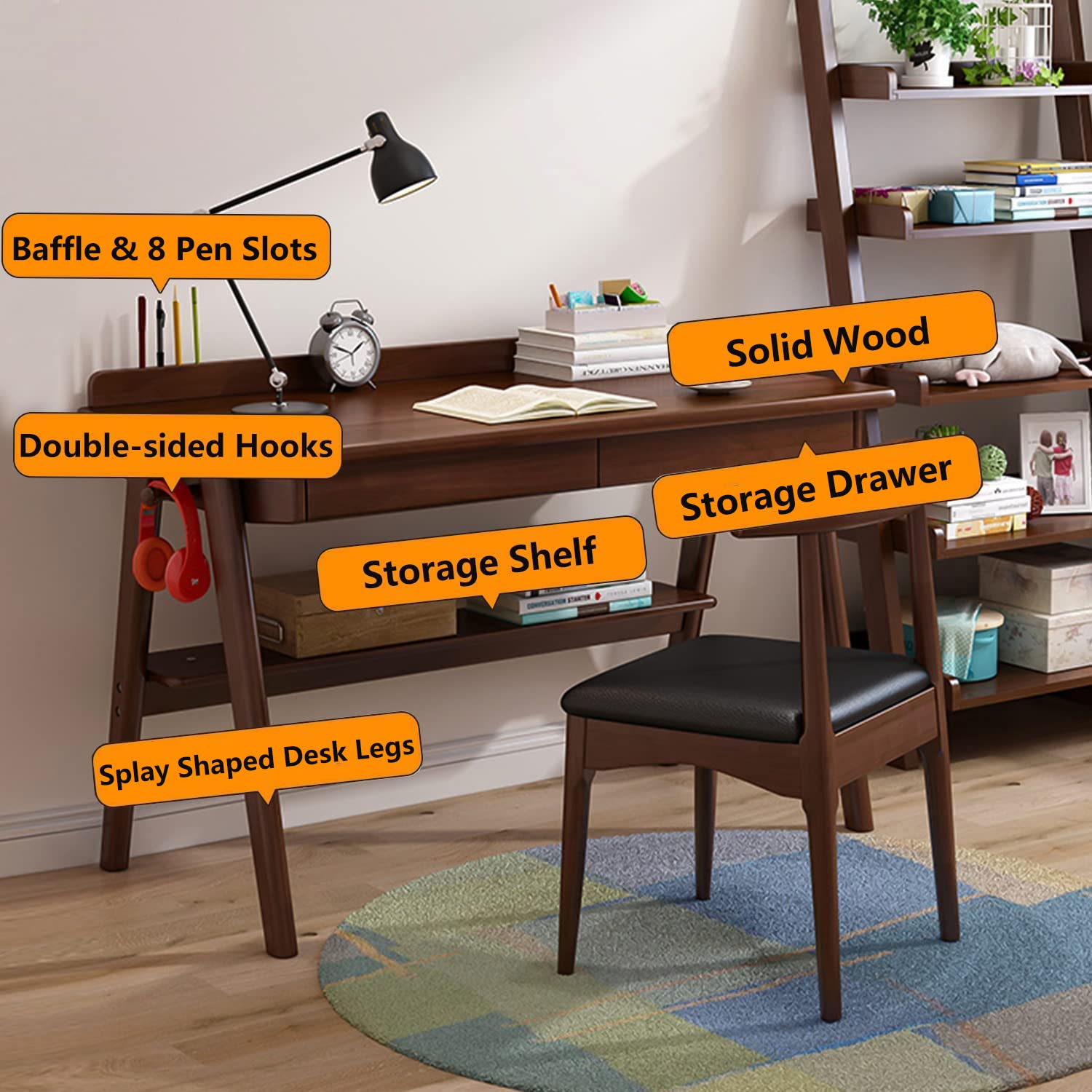 Mid-Century Modern Solid Wood Writing Desk with Drawers