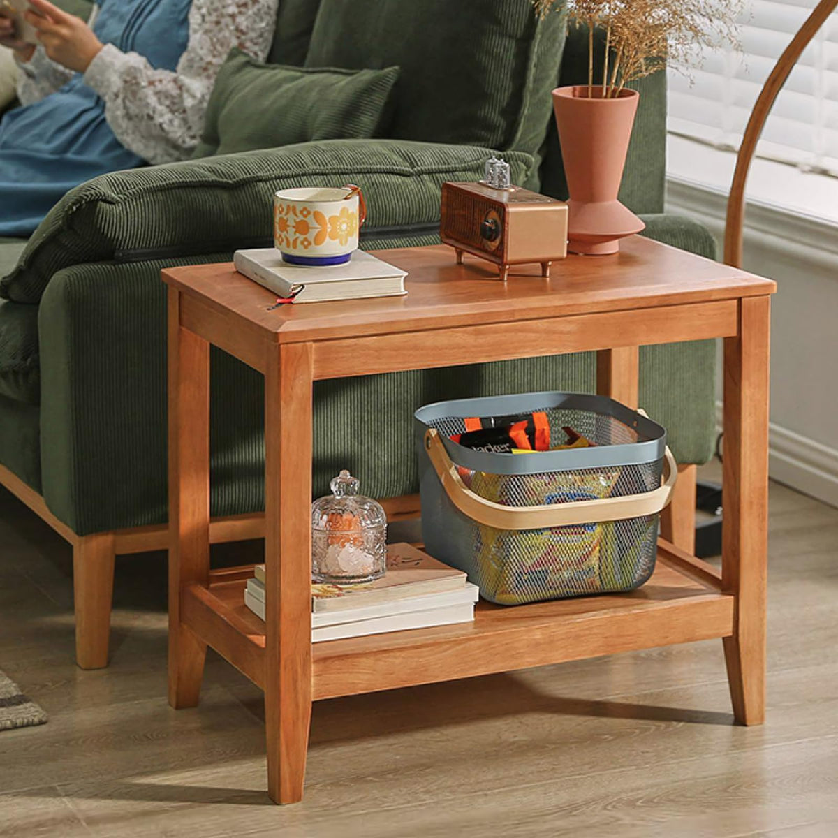Cttasty Side Table, Solid Wood Rectangular End Table with Storage Shelf, 2-Tier Coffee Table for Living Room, Rubber Wood Small Sofa Table, Nightstand 19.69 H x 13.39 W x 23.62 D Inches (Natural)