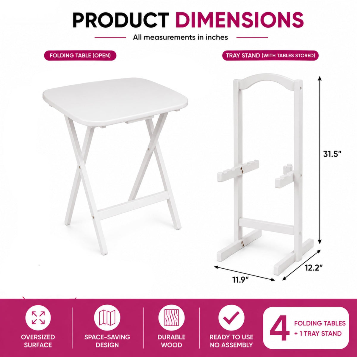 Oakestry Corbett 4 Piece Oversized Snack Tables with Tray Stand Folding TV Tray Set Portable Space Saving Sofa Side Tables Durable Wood Construction Modern White Finish
