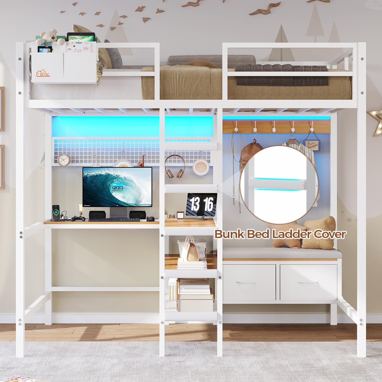 Twin Loft Bed with L-Shaped Desk & LED Lights