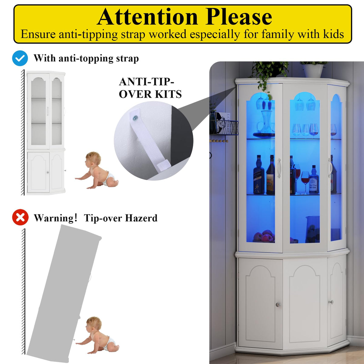 LED Corner Bar Cabinet with Adjustable Shelves