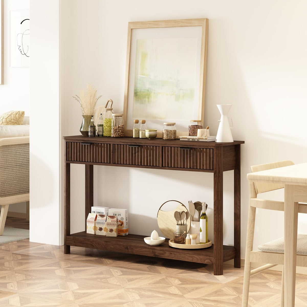 RUSTOWN Fluted Wood Console Table with 3 Drawers, 47.2" Boho Entryway Table