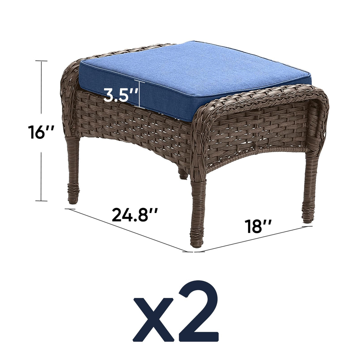 ACTREST Outdoor Ottomans Patio Footrest Set of 2 - High Back Comfortable Brown Wicker Rattan Steel Frame Footstool Additional Bench Side Table for Porch Balcony Deck Garden Poolside - Navy Blue