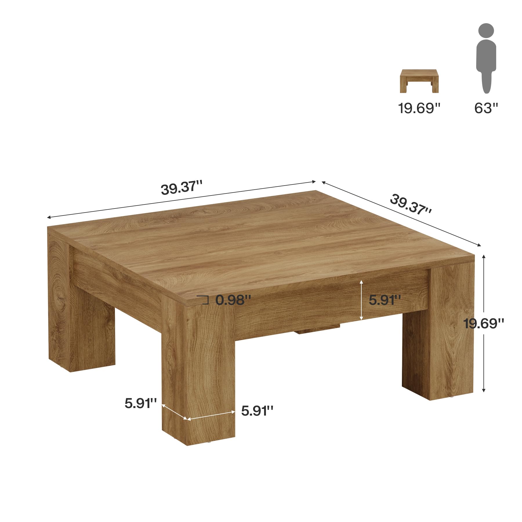 Tribesigns Farmhouse Square Coffee Table, 39-Inch Wooden Coffee Table with Sturdy Legs, Rustic Accent Center Table for Living Room, Easy Assembly, Light Brown