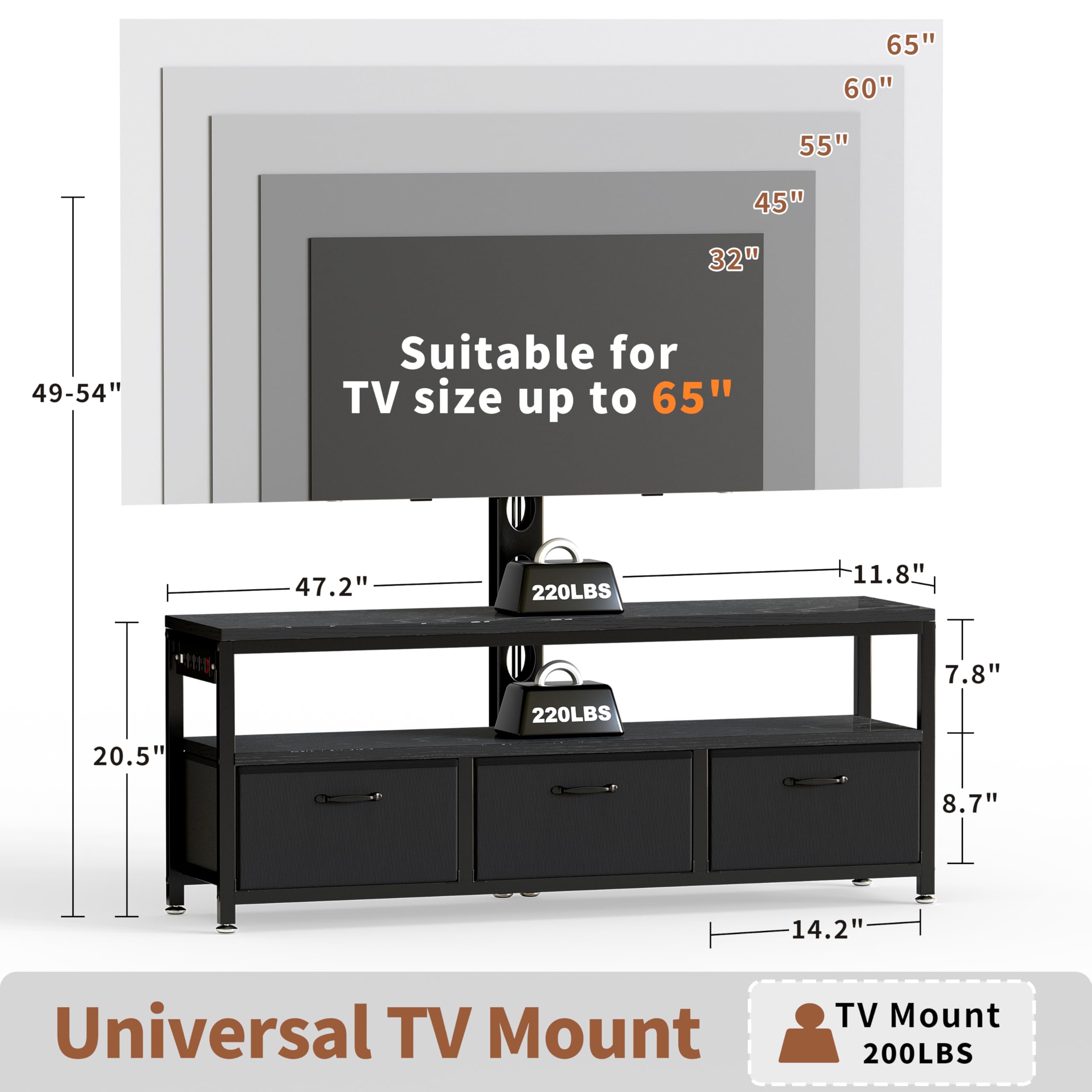 JUSTOGO TV Stand with Mount and Power Outlet, TV Stand Mount with Storage for Living Room, Entertainment Center with LED Lights for 45 55 60 65 inch, Height Adjustable Media Console, Black