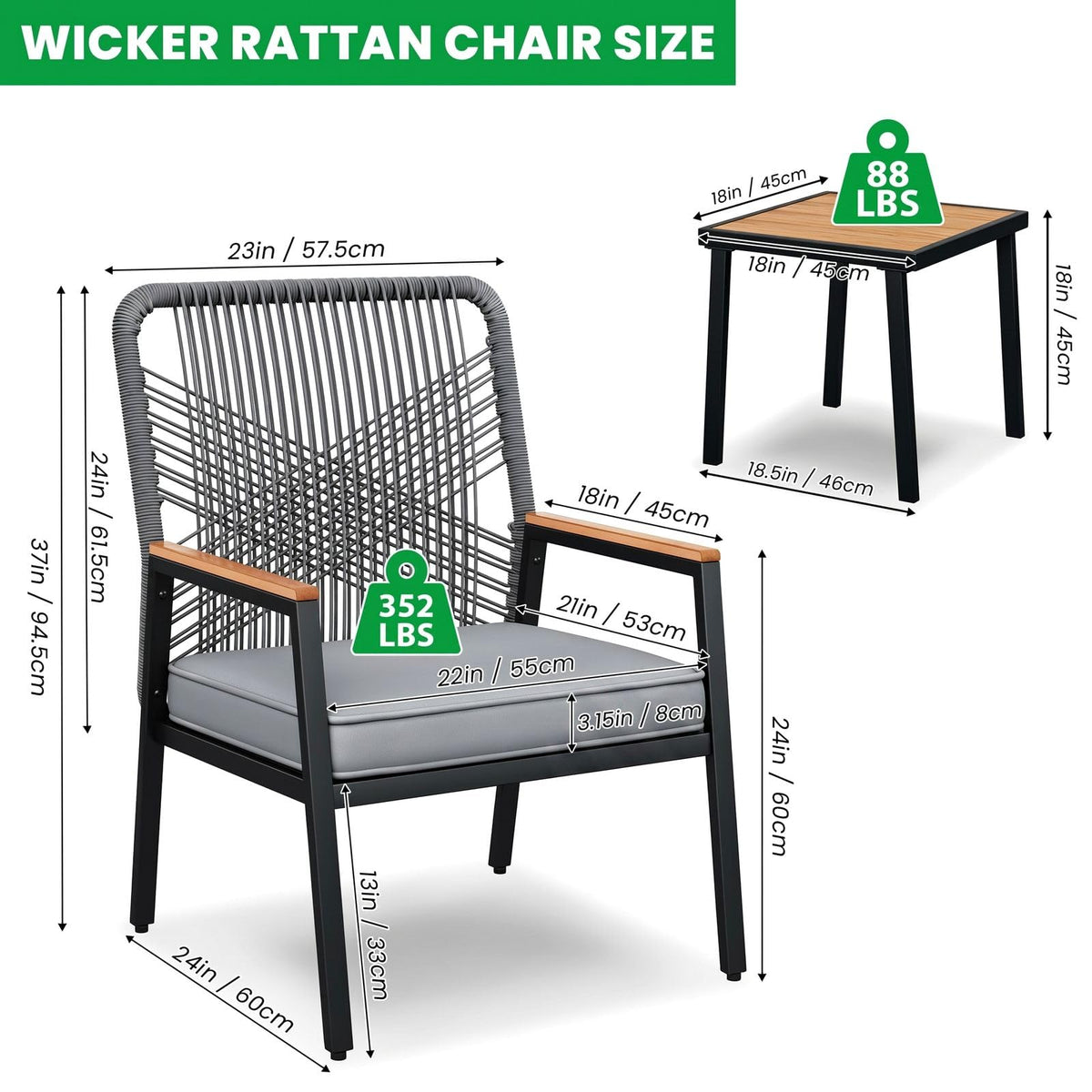 LIFERUN 3-Piece Rattan Patio Set with 2 Chairs and Table, Gray