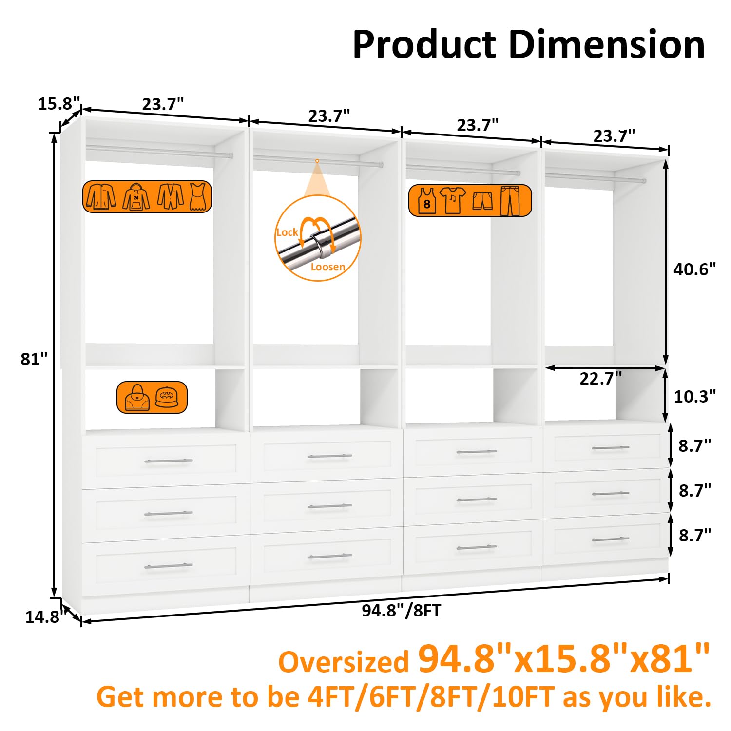 Closet System with Wooden Drawers, 8FT Closet Organize System with Drawers & Hanging Rods &for Walk in Closets, 4PCS*24" Freestanding Closet System, White(8FT)
