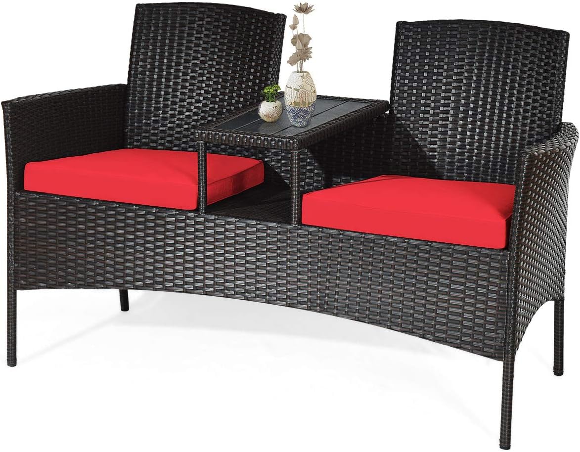 Outdoor Wicker Loveseat Sofa Set with Built-In Coffee Table