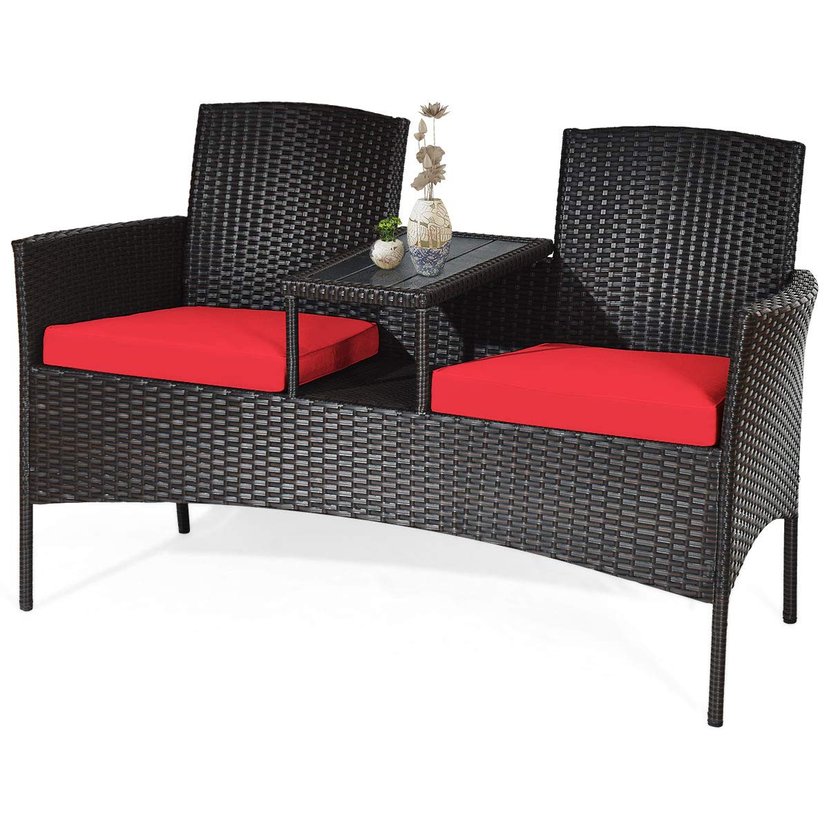Outdoor Wicker Loveseat Sofa Set with Built-In Coffee Table