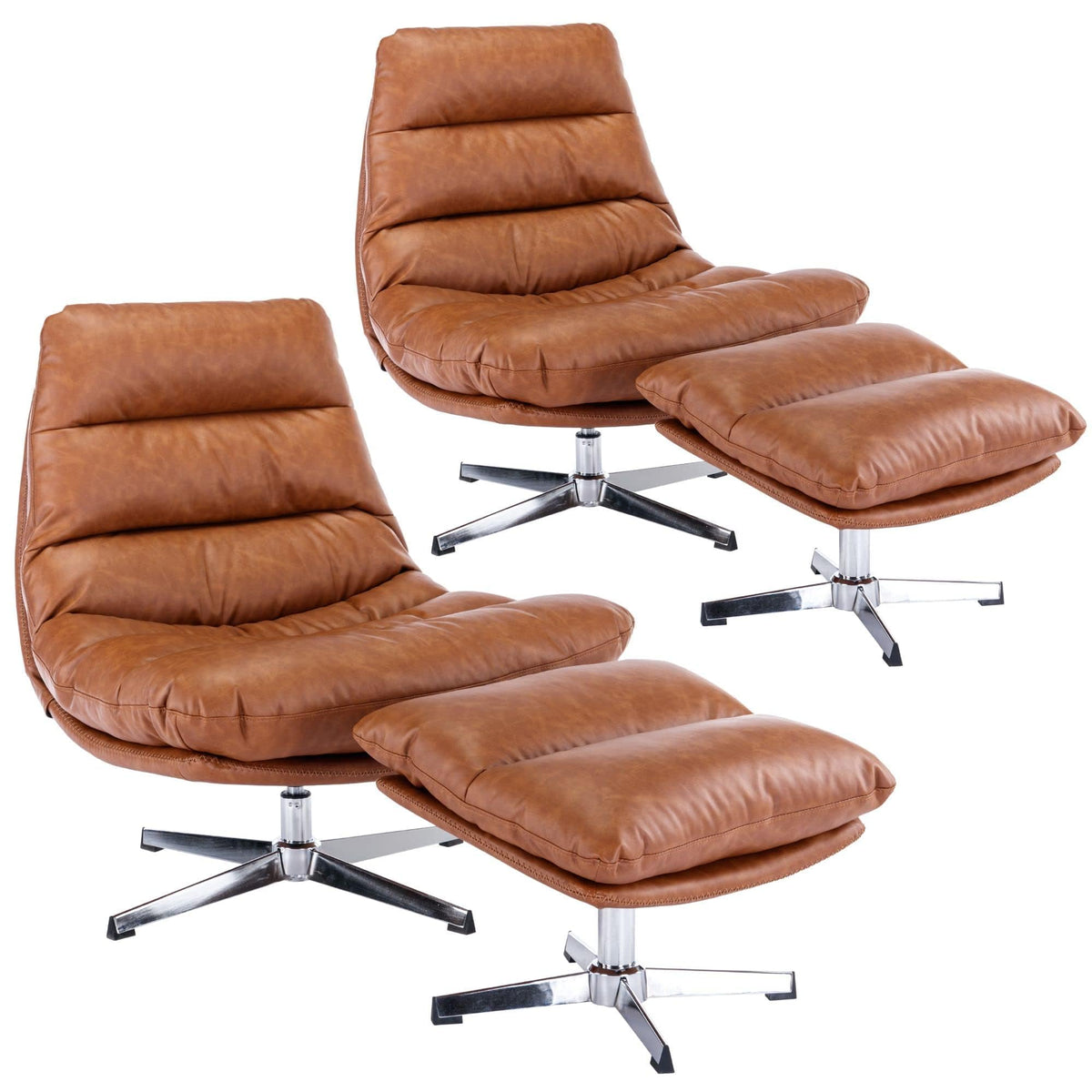 Modern Swivel Accent Chairs with Ottoman Set of 2, PU Leather Oversized Armless Reading Chairs with Footrest, 33'' Wide Upholstered Lounge Chairs with Footstool for Living Room Bedroom Comfy, Brown