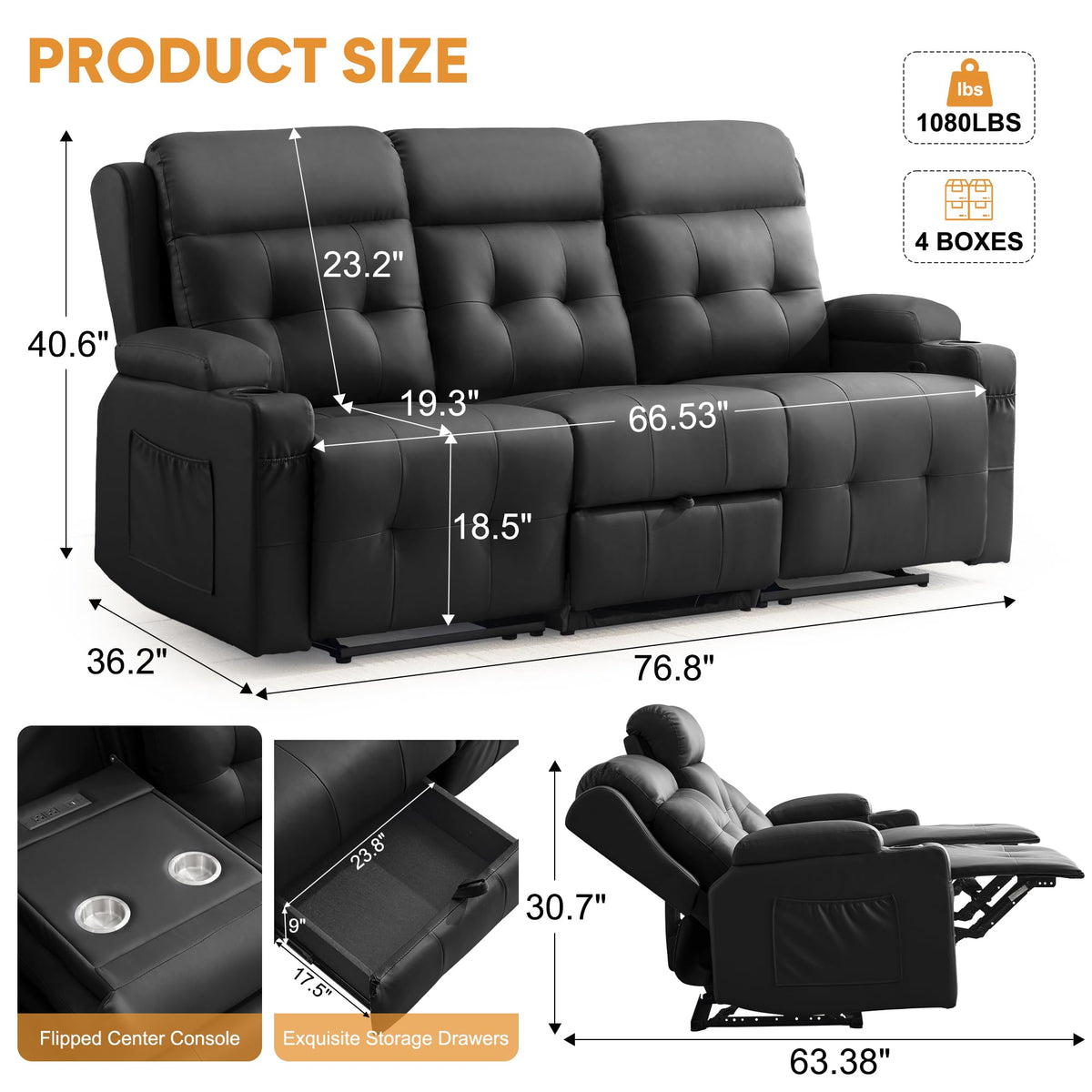 Korser 3-Seater Loveseat Recliner Sofa, Manual Recliner Chair with Flip Back Console, Cup Holder & USB, Home Theater Seating for Family Party, PU Leather, Black