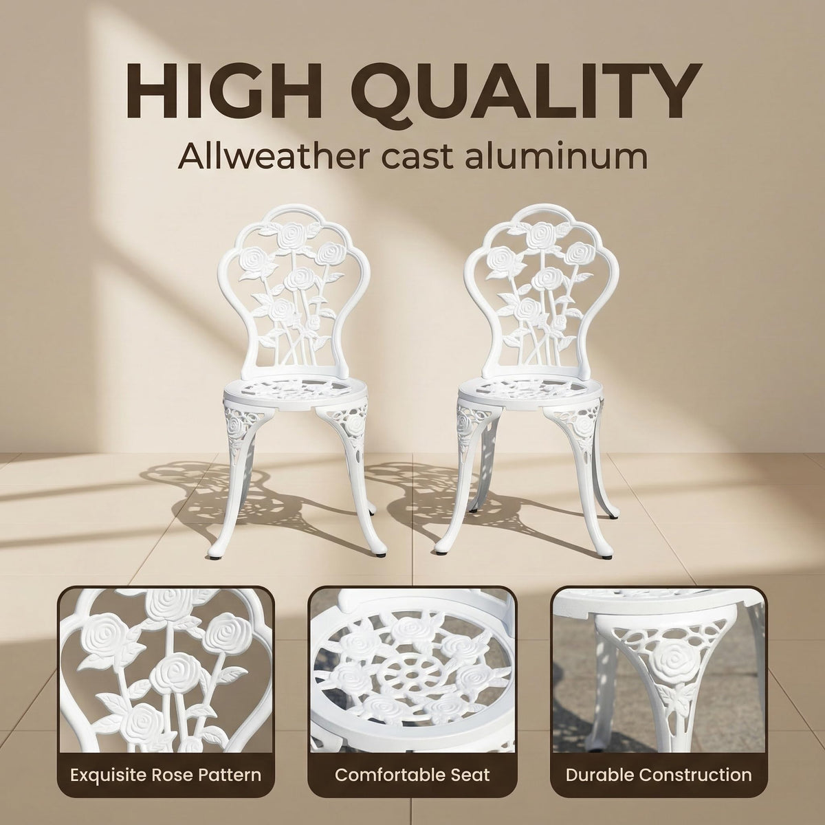 GXOUTAL 3-Piece Cast Aluminum Outdoor Bistro Set, All-Weather Outdoor Table and Chairs Set of 2 with Umbrella Hole for Balcony, Backyard, Deck, Garden (Rose White)