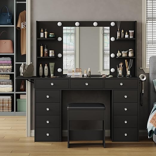 10-Drawer Lighted Makeup Vanity with Mirror