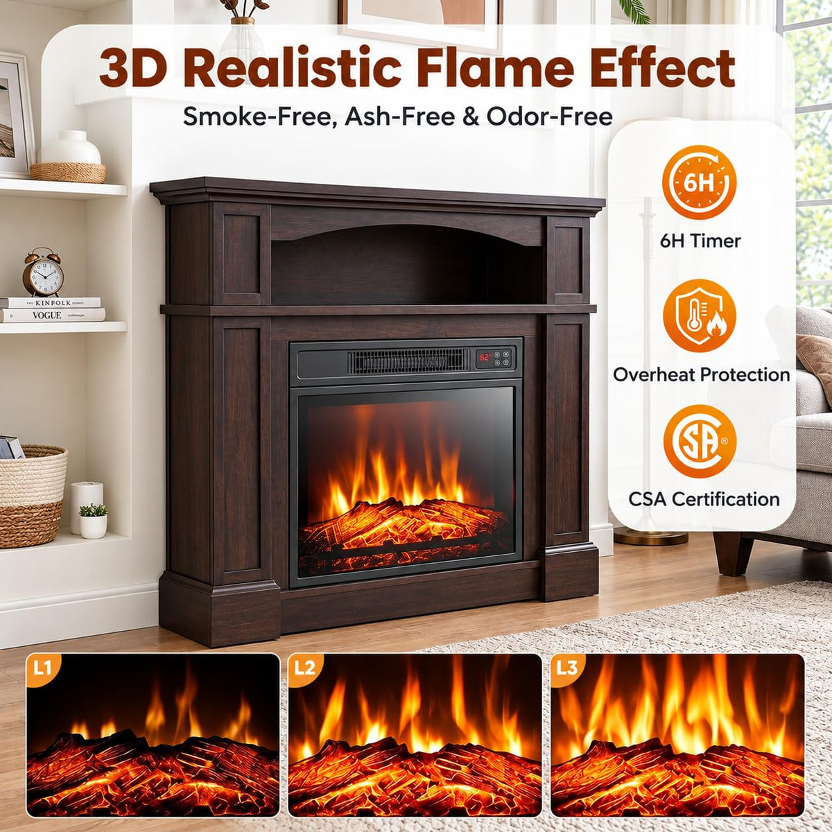 SIMOE 32-Inch Electric Fireplace with Mantel, Storage Cabinet, Brown