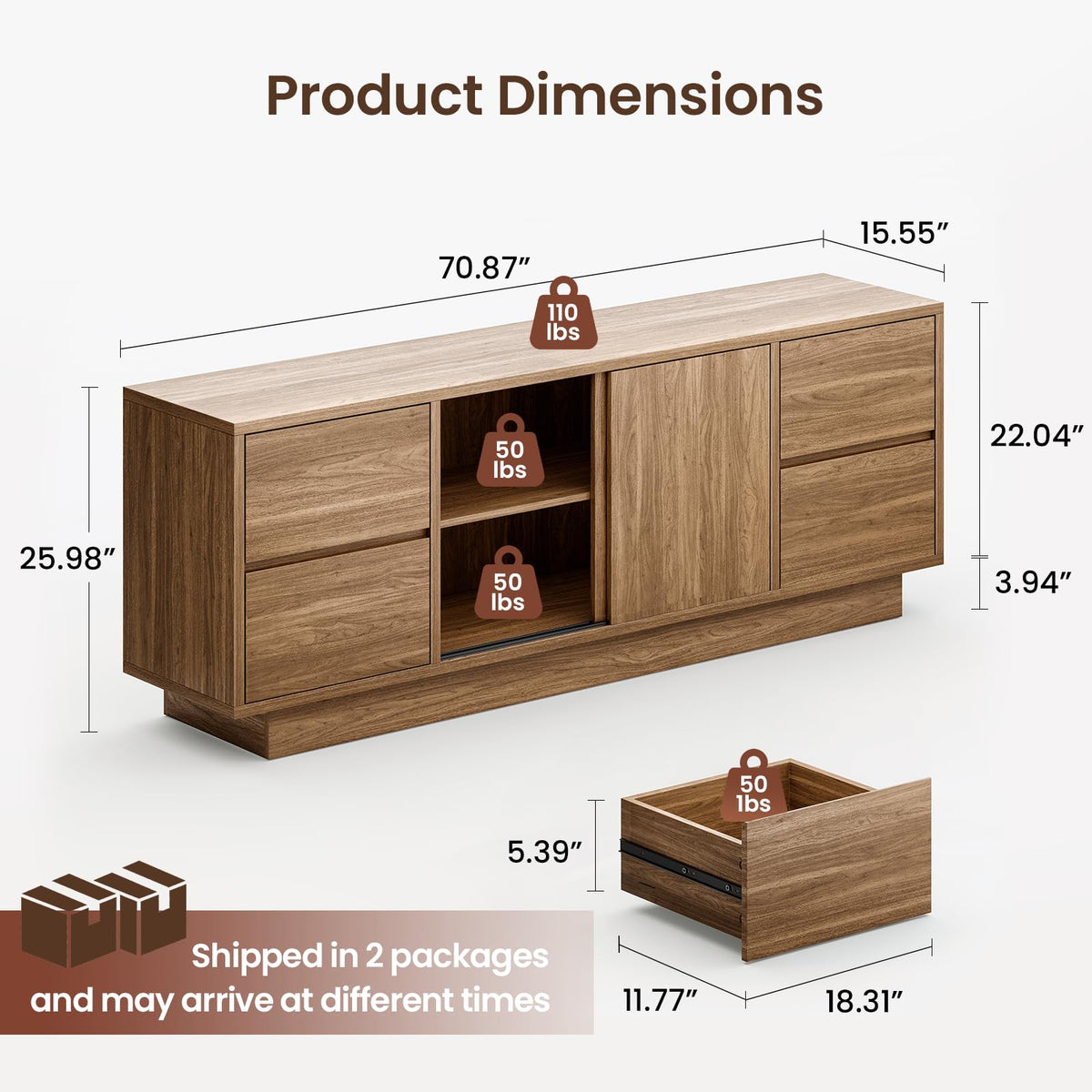 ModernMate 70'' TV Stand for TVs Up to 75'', Wood Entertainment Center with Sliding Doors and Drawers, Television Console Storage Cabinet with Adjustable Shelf for Living Room, Bedroom, Walnut