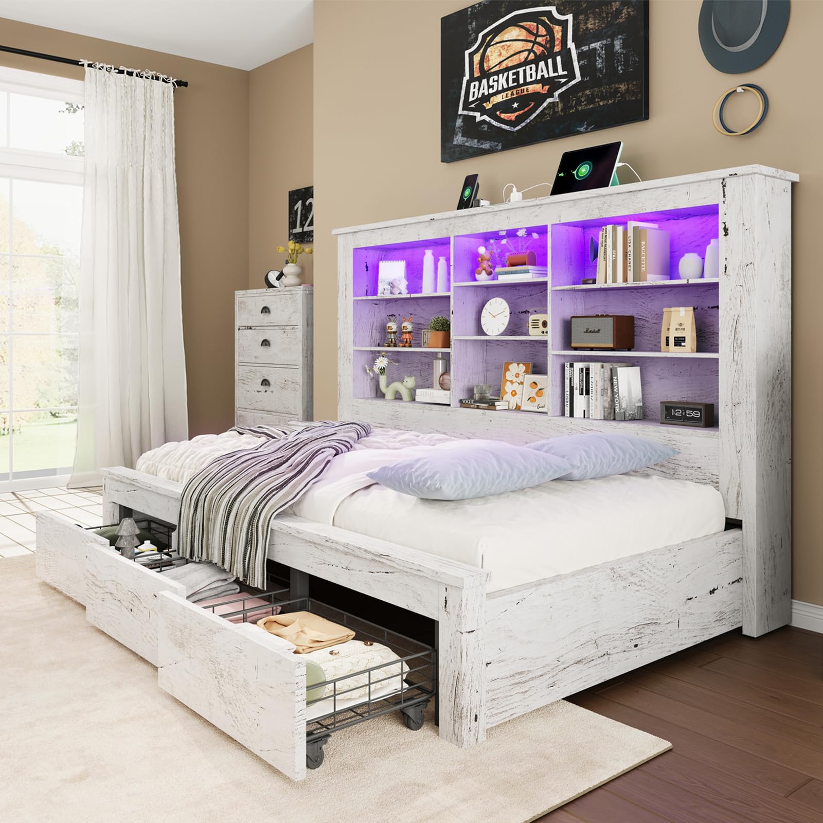Twin Storage Daybed with Bookcase Headboard, USB Charging & RGB LED Lights