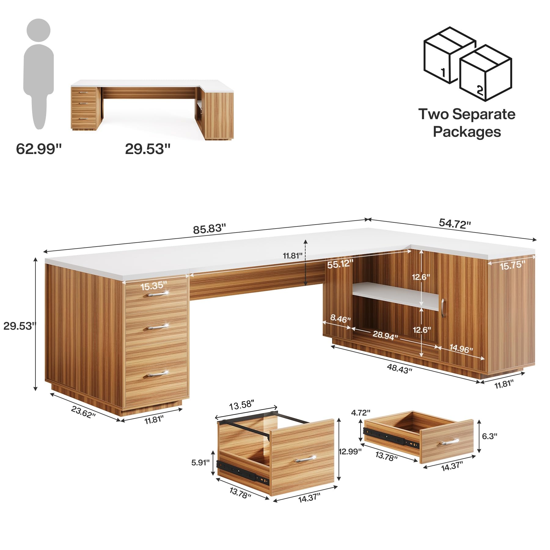 Tribesigns 85.8-Inch L-Shaped Executive Desk with File Drawers, Door Cabinet & Shelves, Extra Large Commercial Office Desk, Modern Professional Office Table, White & Brown Business Furniture