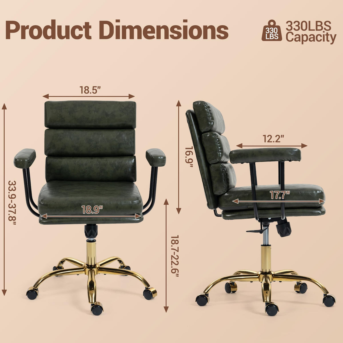 WiNVO Faux Leather Home Office Desk Chair, Ergonomic Executive Computer Chair with Gold Base, Padded Seat and Armrests, Adjustable Height Swivel Vanity Chair with Wheels, Green