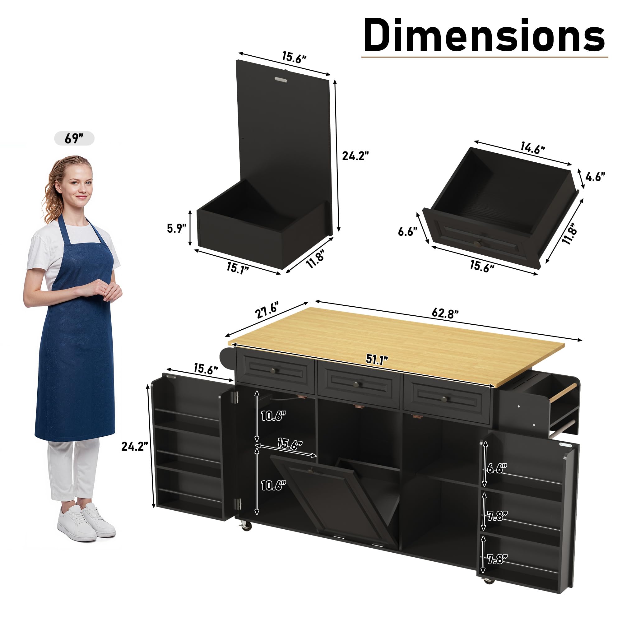 St.Mandyu 63 inch Rolling Kitchen Island with Power Outlet, Drop Leaf & Storage Cabinet - Mobile Cart with Hidden Trash Cabinet, Spice Rack, Shelves, and Towel Holder for Small Spaces,Black