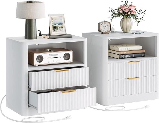 Fluted Nightstand Set of 2 with Charging Station