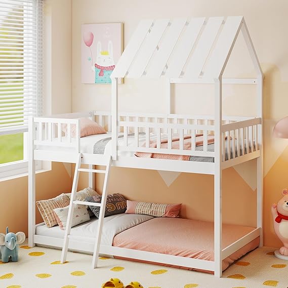 Twin Over Twin House Bunk Bed with Roof & Guardrails